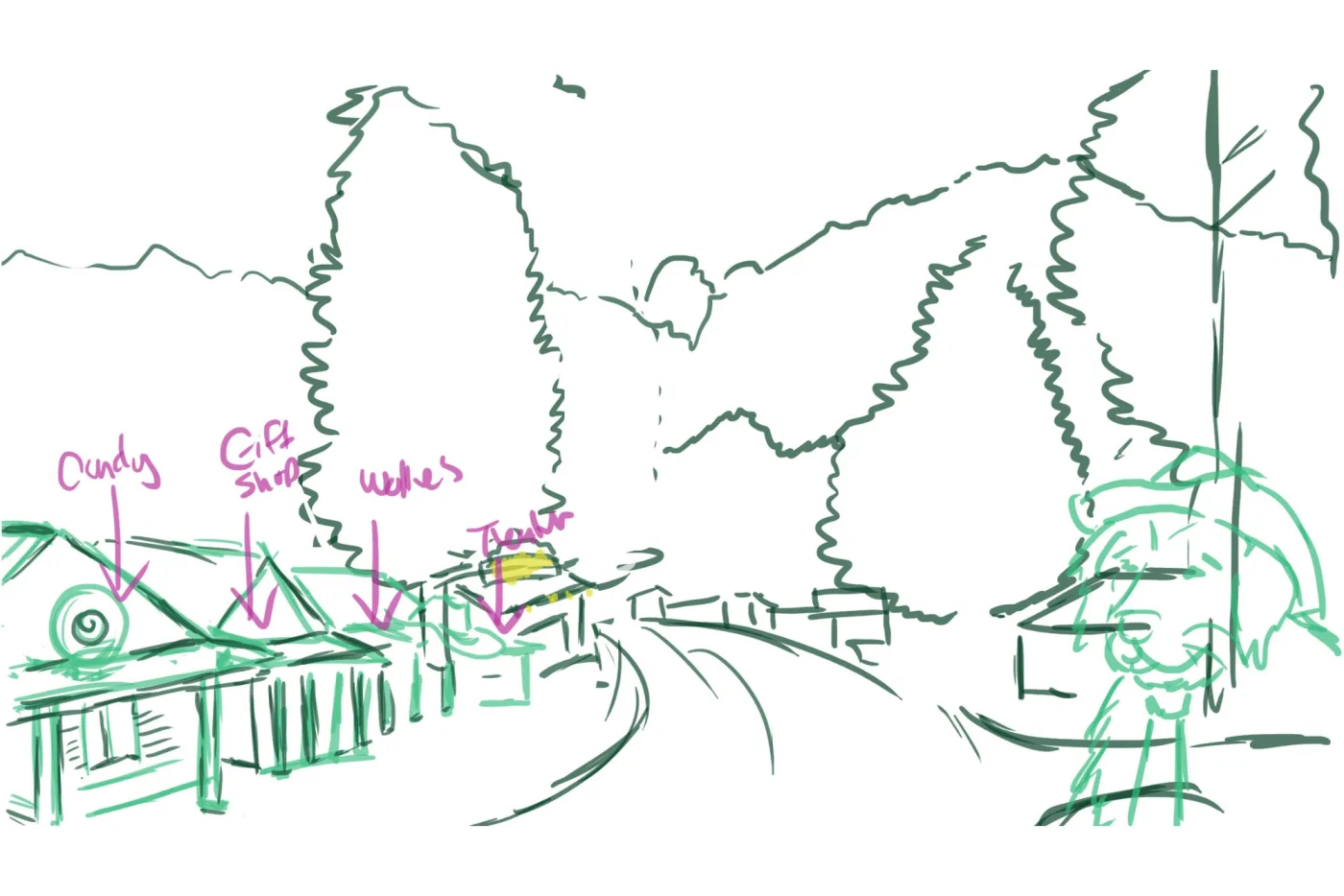 Sketch of the village street, shops on the left and pines rising behind